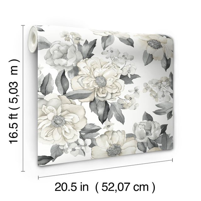 Watercolor Floral Bouquet Grey Peel & Stick Wallpaper with Botanical Flowers, Transitional Style - York RMK12030WP
