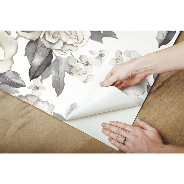 Watercolor Floral Bouquet Grey Peel & Stick Wallpaper with Botanical Flowers, Transitional Style - York RMK12030WP