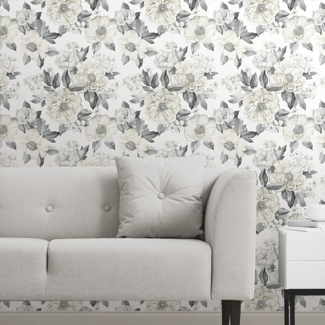 Watercolor Floral Bouquet Grey Peel & Stick Wallpaper with Botanical Flowers, Transitional Style - York RMK12030WP