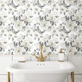 Watercolor Floral Bouquet Grey Peel & Stick Wallpaper with Botanical Flowers, Transitional Style - York RMK12030WP