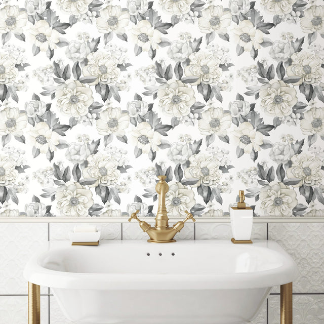 Watercolor Floral Bouquet Grey Peel & Stick Wallpaper with Botanical Flowers, Transitional Style - York RMK12030WP