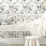 Watercolor Floral Bouquet Grey Peel & Stick Wallpaper with Botanical Flowers, Transitional Style - York RMK12030WP