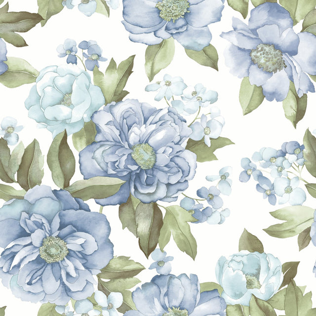 Watercolor Floral Bouquet Indigo Peel & Stick Wallpaper with Botanical Flowers - York RMK12031WP
