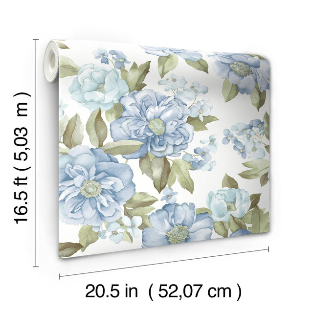 Watercolor Floral Bouquet Indigo Peel & Stick Wallpaper with Botanical Flowers - York RMK12031WP
