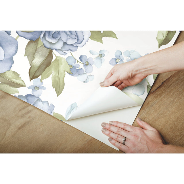 Watercolor Floral Bouquet Indigo Peel & Stick Wallpaper with Botanical Flowers - York RMK12031WP