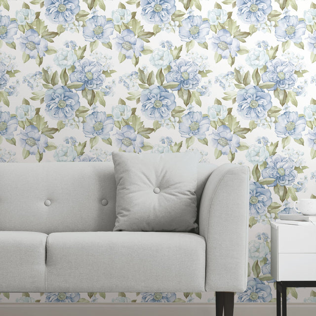 Watercolor Floral Bouquet Indigo Peel & Stick Wallpaper with Botanical Flowers - York RMK12031WP