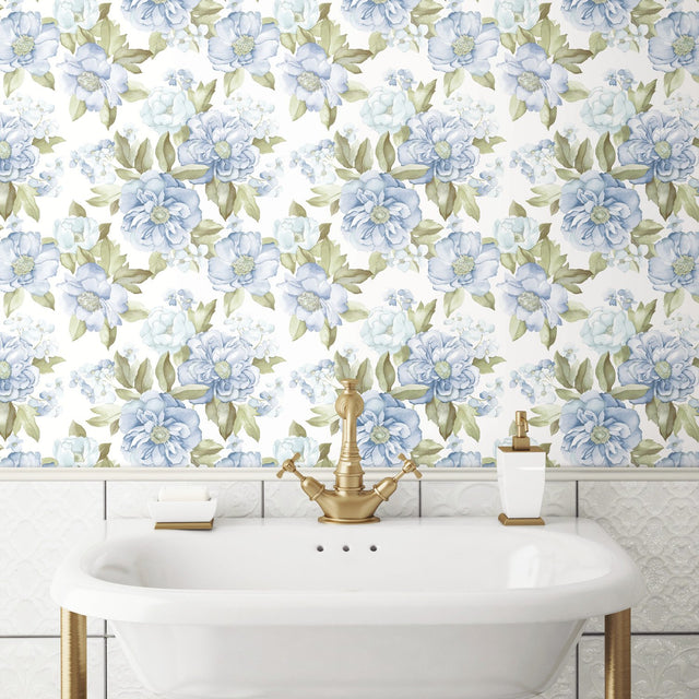 Watercolor Floral Bouquet Indigo Peel & Stick Wallpaper with Botanical Flowers - York RMK12031WP