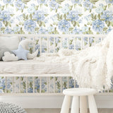 Watercolor Floral Bouquet Indigo Peel & Stick Wallpaper with Botanical Flowers - York RMK12031WP