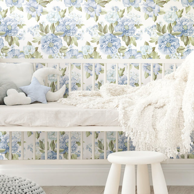 Watercolor Floral Bouquet Indigo Peel & Stick Wallpaper with Botanical Flowers - York RMK12031WP