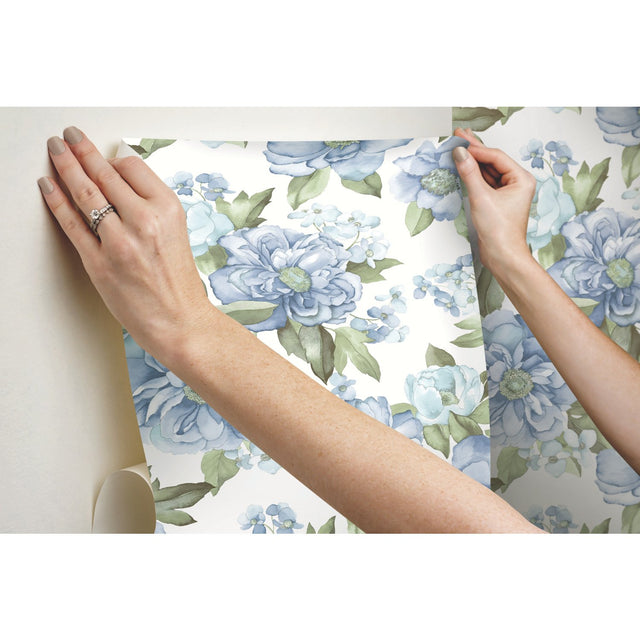 Watercolor Floral Bouquet Indigo Peel & Stick Wallpaper with Botanical Flowers - York RMK12031WP