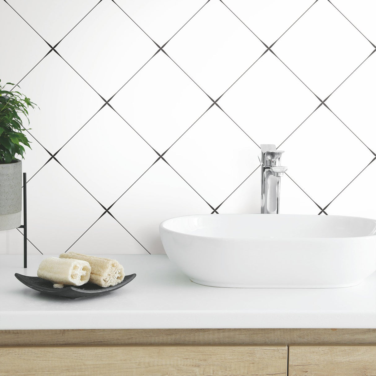 Diamond Tile Geo Black Peel & Stick Wallpaper with Modern Geometric Pattern - York RMK12035RL