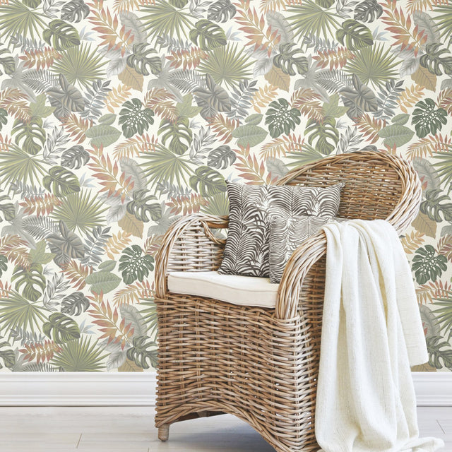 Palm Frond Toss Green Peel & Stick Wallpaper with Tropical Trees Pattern - York RMK12045RL