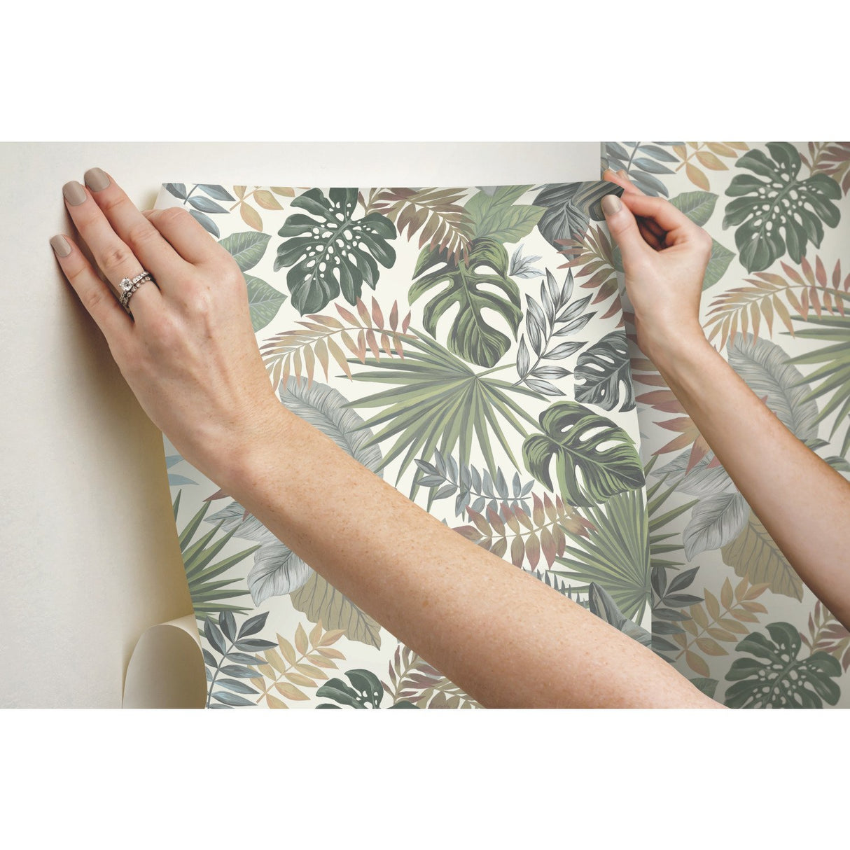 Palm Frond Toss Green Peel & Stick Wallpaper with Tropical Trees Pattern - York RMK12045RL