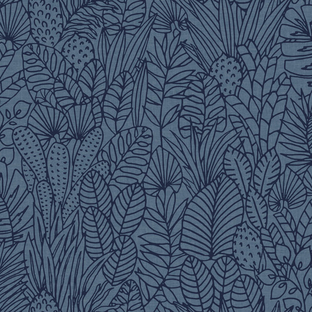 Tropical Leaves Sketch Navy Peel & Stick Wallpaper with Tropical Botanical Leaf Pattern - York RMK12046WP