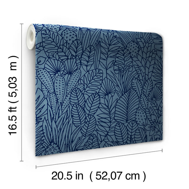 Tropical Leaves Sketch Navy Peel & Stick Wallpaper with Tropical Botanical Leaf Pattern - York RMK12046WP