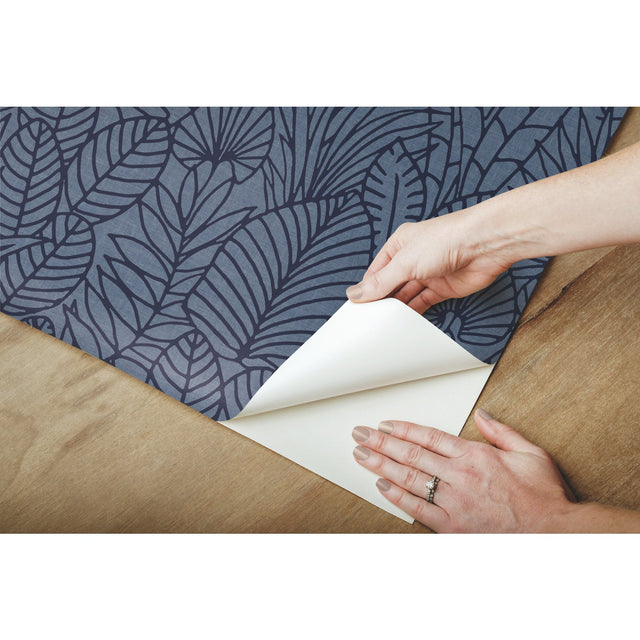 Tropical Leaves Sketch Navy Peel & Stick Wallpaper with Tropical Botanical Leaf Pattern - York RMK12046WP