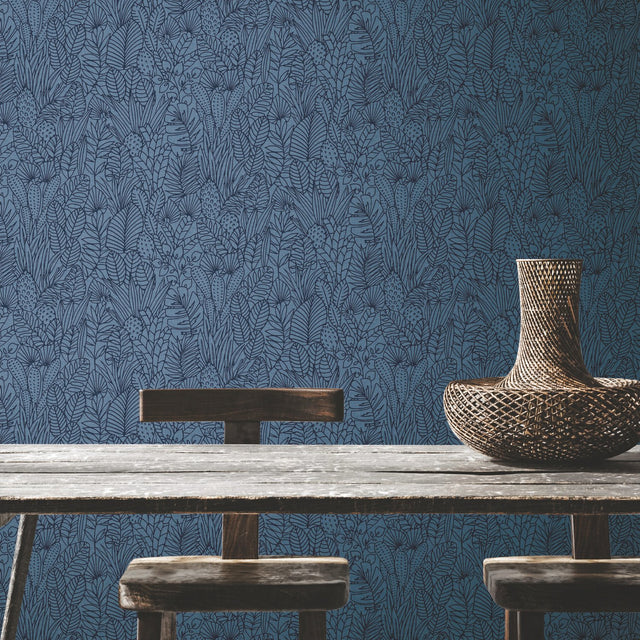 Tropical Leaves Sketch Navy Peel & Stick Wallpaper with Tropical Botanical Leaf Pattern - York RMK12046WP