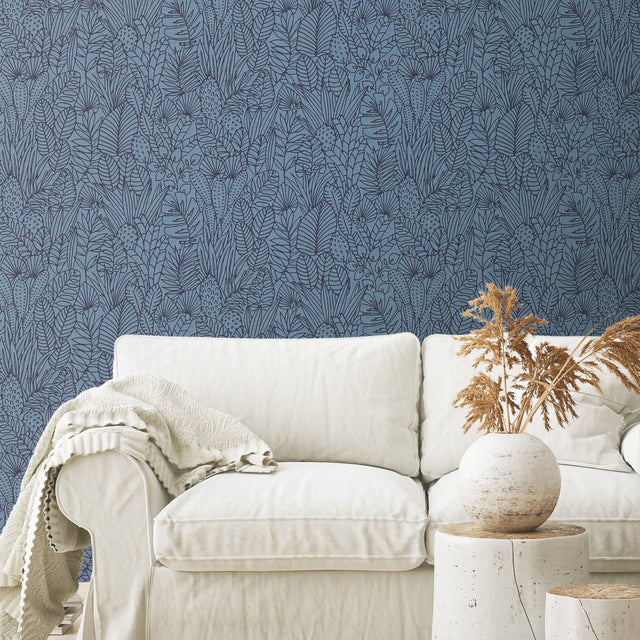 Tropical Leaves Sketch Navy Peel & Stick Wallpaper with Tropical Botanical Leaf Pattern - York RMK12046WP