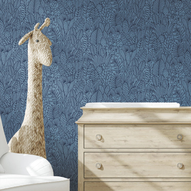 Tropical Leaves Sketch Navy Peel & Stick Wallpaper with Tropical Botanical Leaf Pattern - York RMK12046WP
