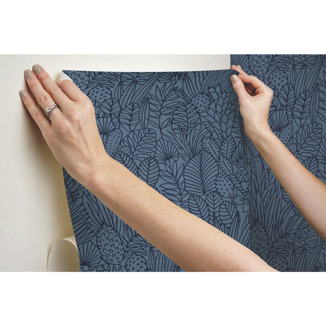 Tropical Leaves Sketch Navy Peel & Stick Wallpaper with Tropical Botanical Leaf Pattern - York RMK12046WP