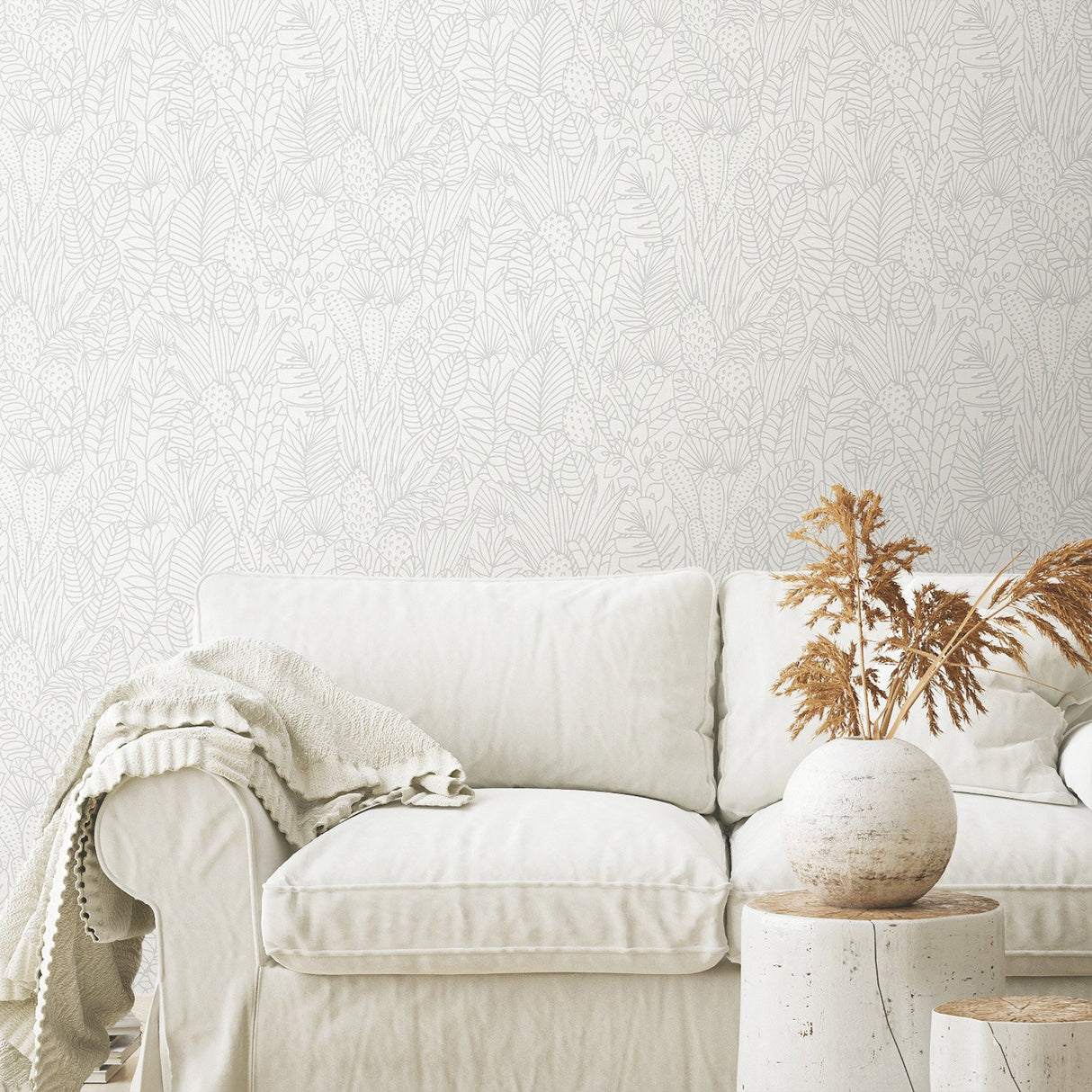 Tropical Leaves Sketch Beige Peel & Stick Wallpaper with Botanical Tropical Leaves Pattern - York RMK12047WP