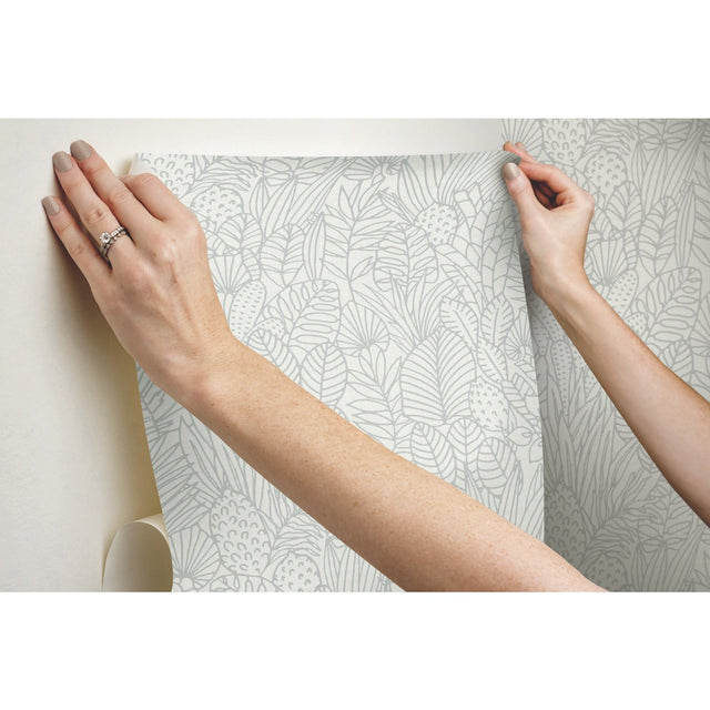 Tropical Leaves Sketch Beige Peel & Stick Wallpaper with Botanical Tropical Leaves Pattern - York RMK12047WP