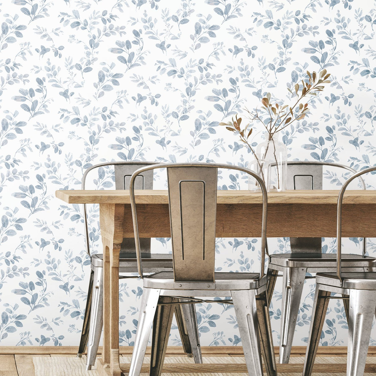Dancing Leaves Blue Peel & Stick Wallpaper with Modern Botanical Leaves Pattern - York RMK12051RL