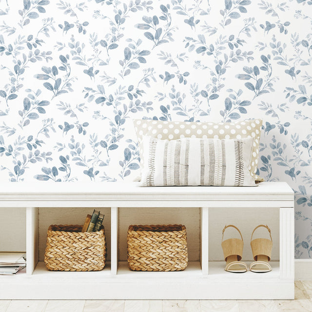Dancing Leaves Blue Peel & Stick Wallpaper with Modern Botanical Leaves Pattern - York RMK12051RL