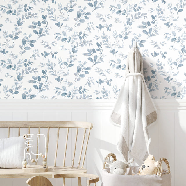 Dancing Leaves Blue Peel & Stick Wallpaper with Modern Botanical Leaves Pattern - York RMK12051RL