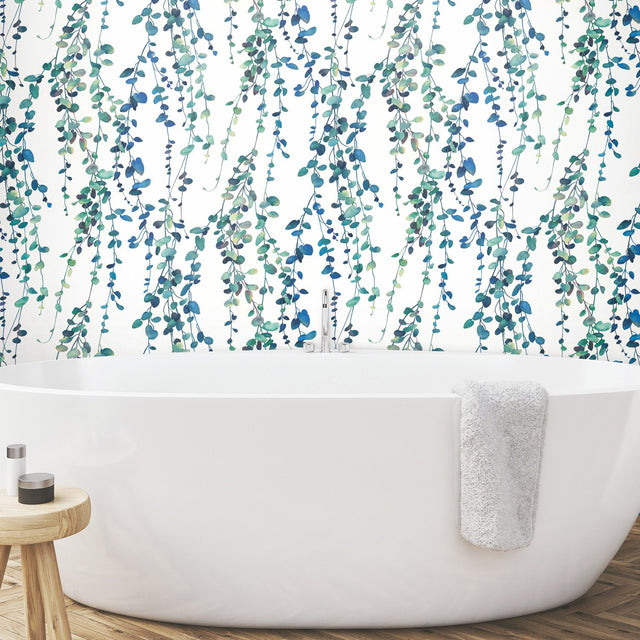 Hanging Watercolor Vines Blue Peel & Stick Wallpaper with Botanical Nature Pattern - York RMK12059RL