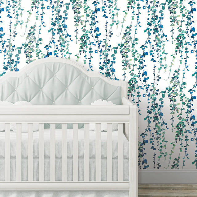 Hanging Watercolor Vines Blue Peel & Stick Wallpaper with Botanical Nature Pattern - York RMK12059RL