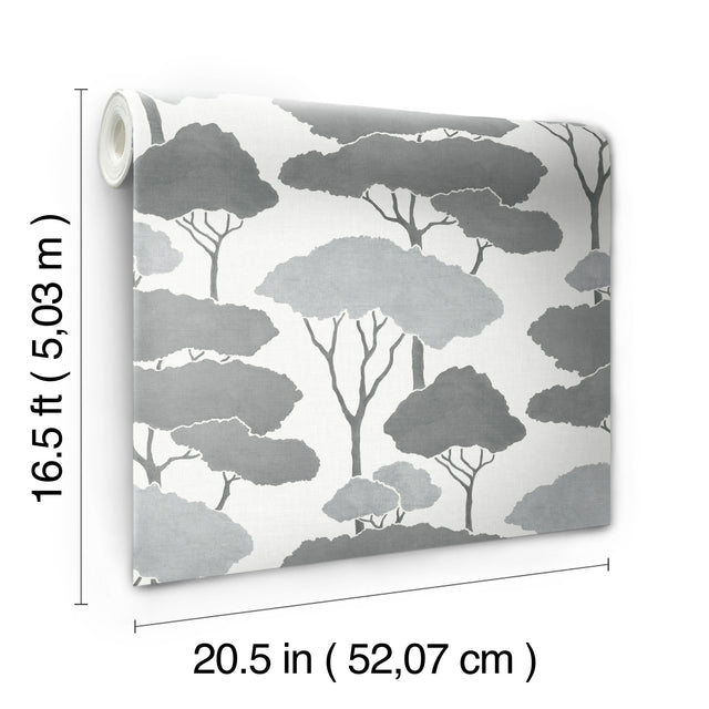 Umbrella Pines Grey Peel & Stick Wallpaper with Whimsical Botanical Trees Pattern - York RMK12062WP