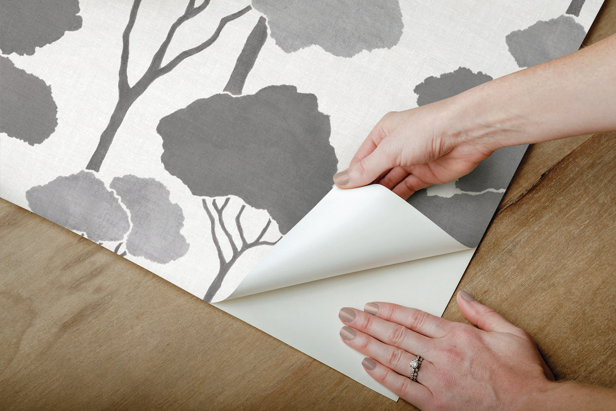 Umbrella Pines Grey Peel & Stick Wallpaper with Whimsical Botanical Trees Pattern - York RMK12062WP