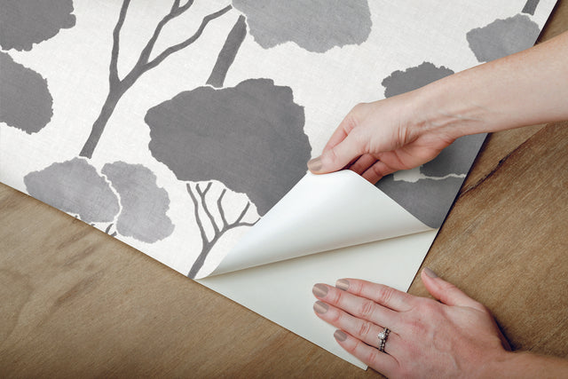 Umbrella Pines Grey Peel & Stick Wallpaper with Whimsical Botanical Trees Pattern - York RMK12062WP