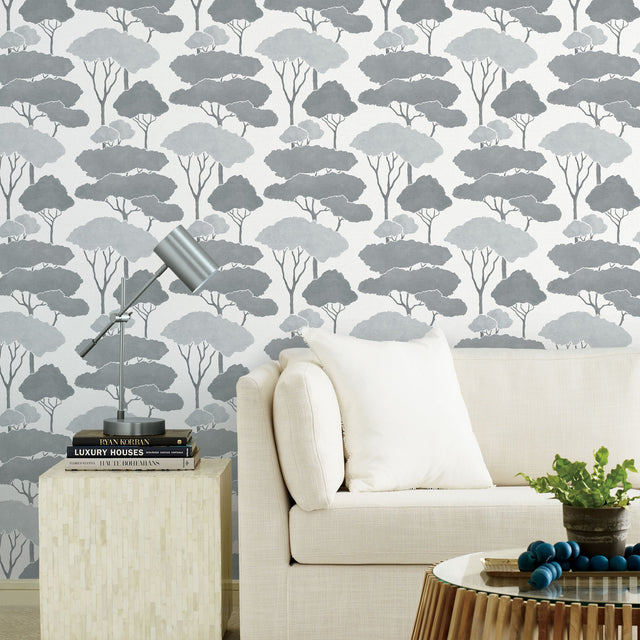 Umbrella Pines Grey Peel & Stick Wallpaper with Whimsical Botanical Trees Pattern - York RMK12062WP
