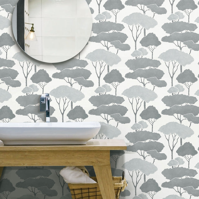 Umbrella Pines Grey Peel & Stick Wallpaper with Whimsical Botanical Trees Pattern - York RMK12062WP