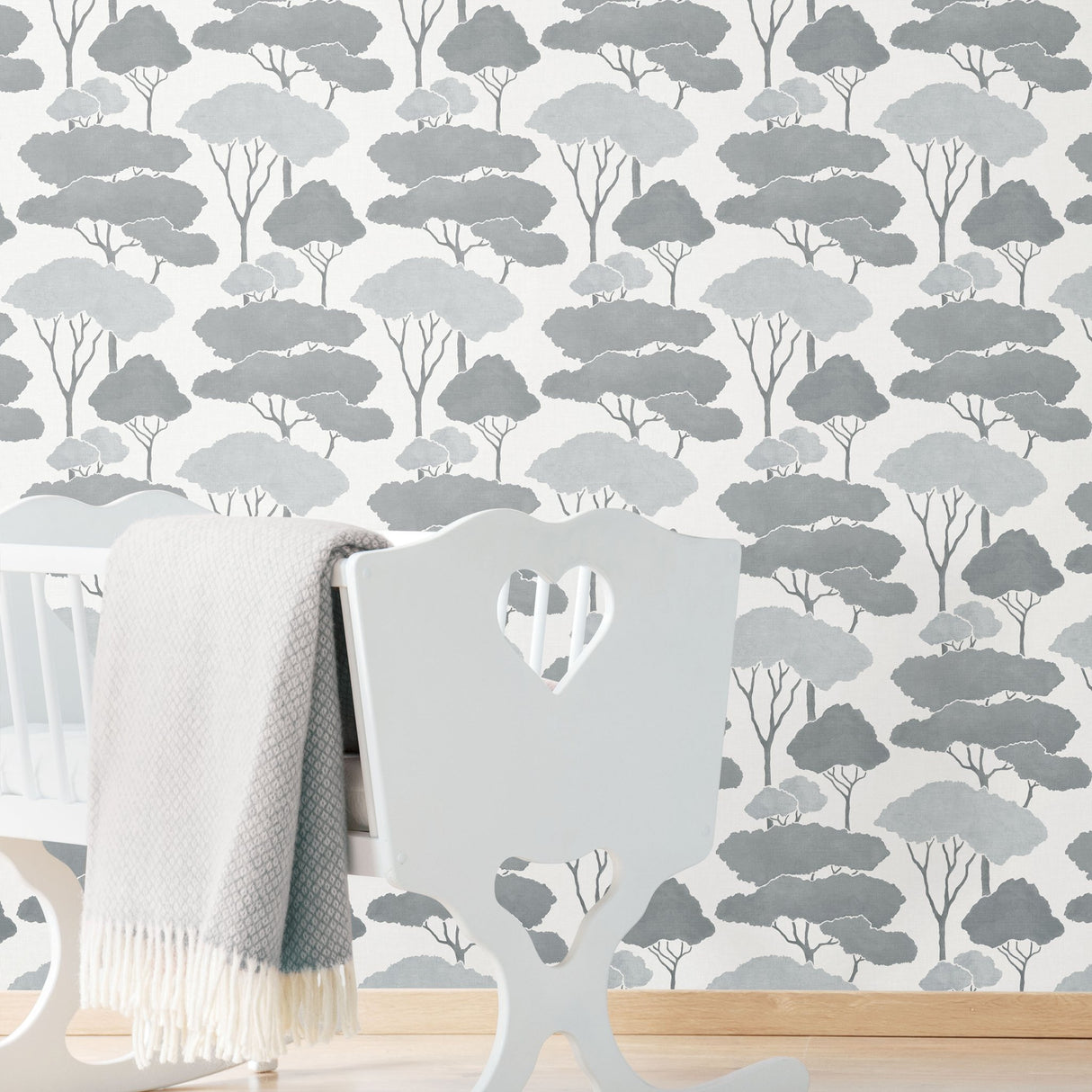 Umbrella Pines Grey Peel & Stick Wallpaper with Whimsical Botanical Trees Pattern - York RMK12062WP