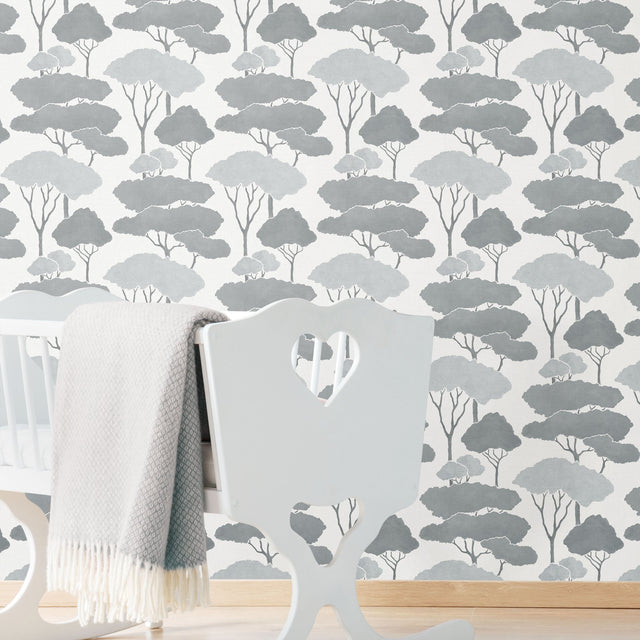 Umbrella Pines Grey Peel & Stick Wallpaper with Whimsical Botanical Trees Pattern - York RMK12062WP