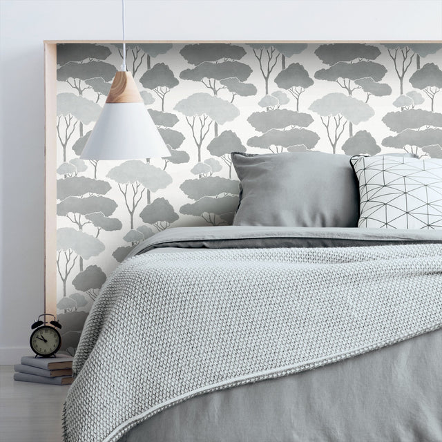 Umbrella Pines Grey Peel & Stick Wallpaper with Whimsical Botanical Trees Pattern - York RMK12062WP