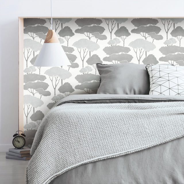 Umbrella Pines Grey Peel & Stick Wallpaper with Whimsical Botanical Trees Pattern - York RMK12062WP