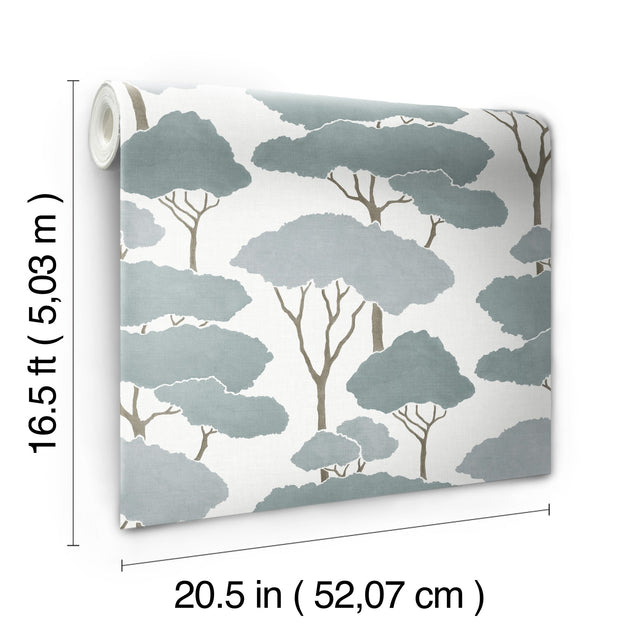 Umbrella Pines Blue Peel & Stick Wallpaper with Whimsical Botanical Trees Pattern - York RMK12063WP