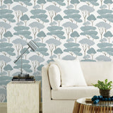 Umbrella Pines Blue Peel & Stick Wallpaper with Whimsical Botanical Trees Pattern - York RMK12063WP
