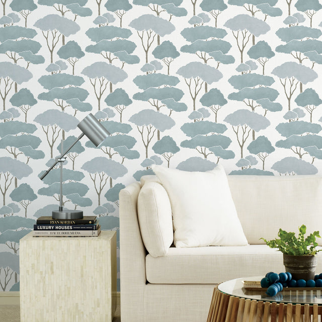 Umbrella Pines Blue Peel & Stick Wallpaper with Whimsical Botanical Trees Pattern - York RMK12063WP