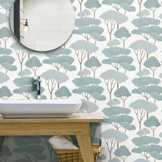 Umbrella Pines Blue Peel & Stick Wallpaper with Whimsical Botanical Trees Pattern - York RMK12063WP