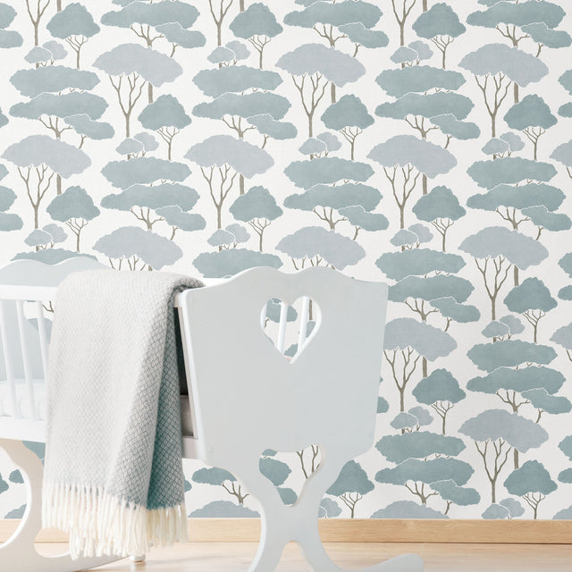 Umbrella Pines Blue Peel & Stick Wallpaper with Whimsical Botanical Trees Pattern - York RMK12063WP