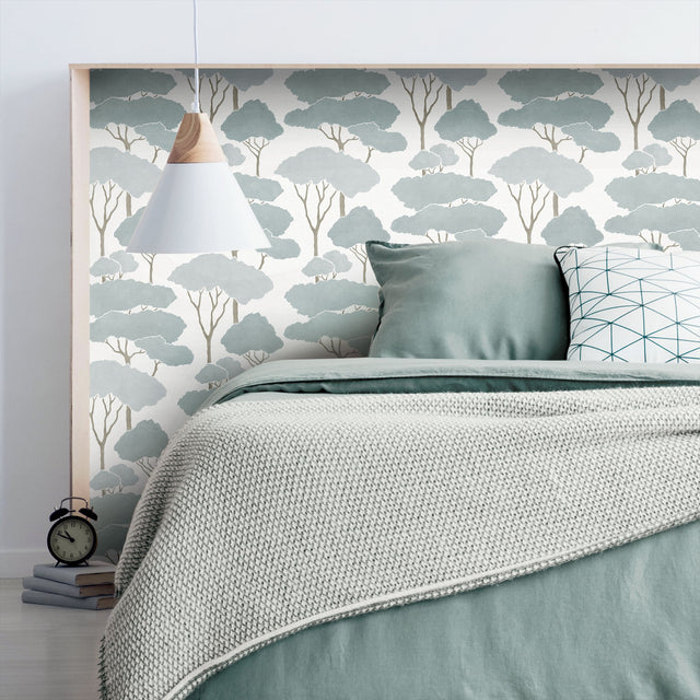 Umbrella Pines Blue Peel & Stick Wallpaper with Whimsical Botanical Trees Pattern - York RMK12063WP