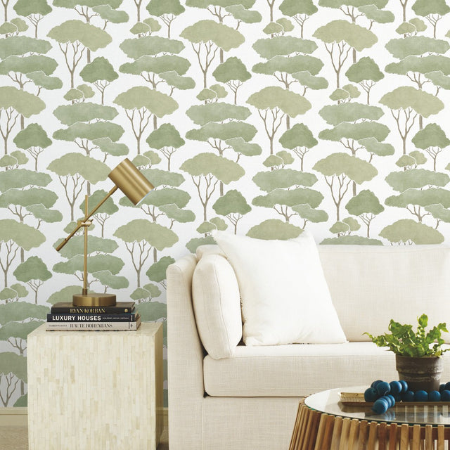 Umbrella Pines Green Peel & Stick Wallpaper with Whimsical Botanical Trees Pattern - York RMK12064WP