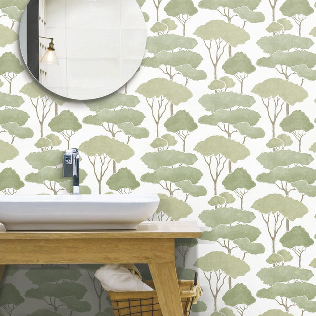 Umbrella Pines Green Peel & Stick Wallpaper with Whimsical Botanical Trees Pattern - York RMK12064WP