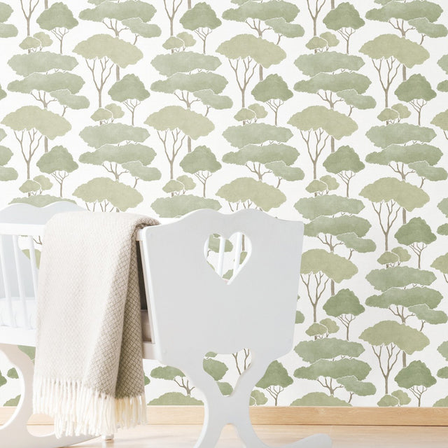 Umbrella Pines Green Peel & Stick Wallpaper with Whimsical Botanical Trees Pattern - York RMK12064WP