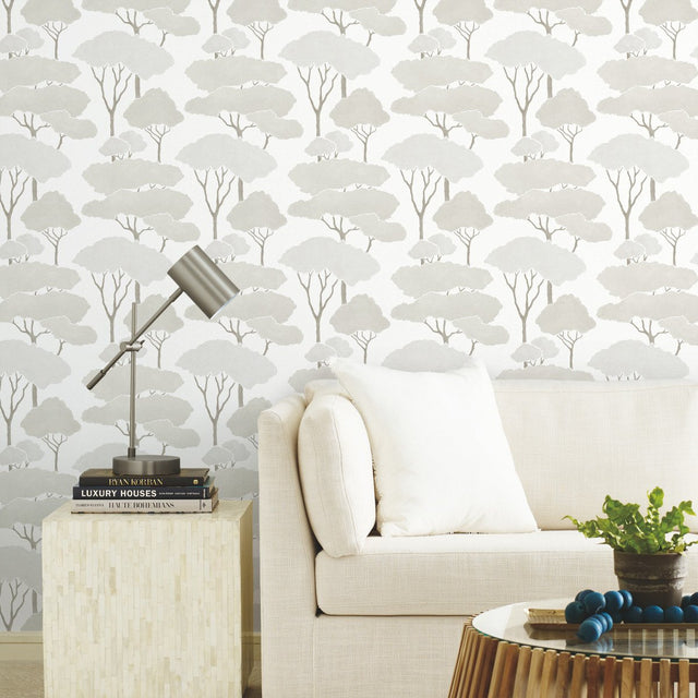 Umbrella Pines Brown Peel & Stick Wallpaper with Whimsical Botanical Trees - York RMK12065WP